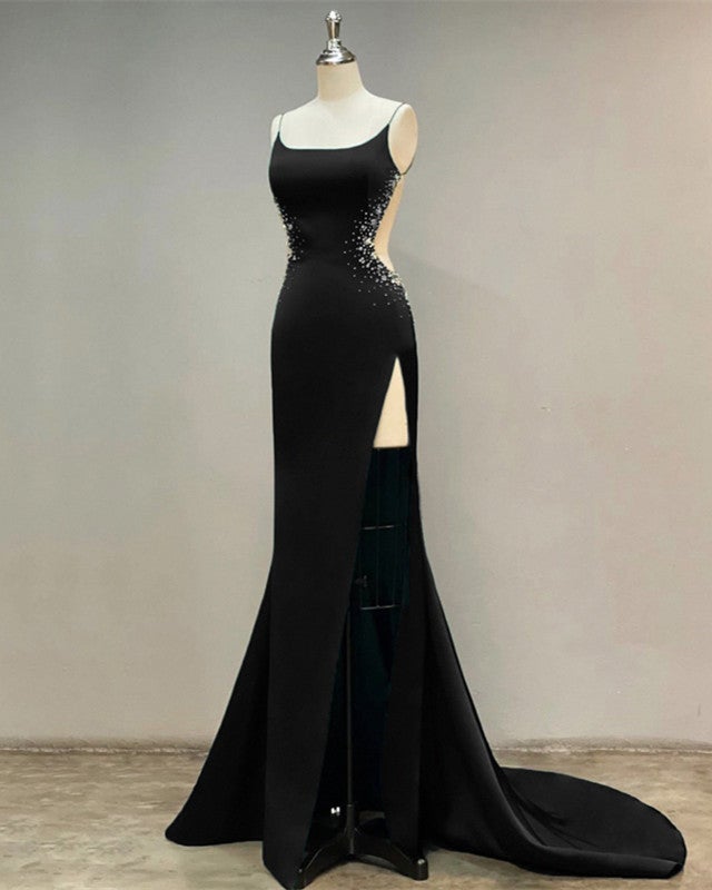 Black Mermaid Open Back Dresses With Slit