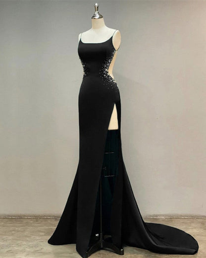 Black Mermaid Open Back Dresses With Slit