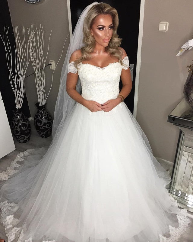 Sexy Off Shoulder Sweetheart Tulle Wedding Dresses Lace Appliques