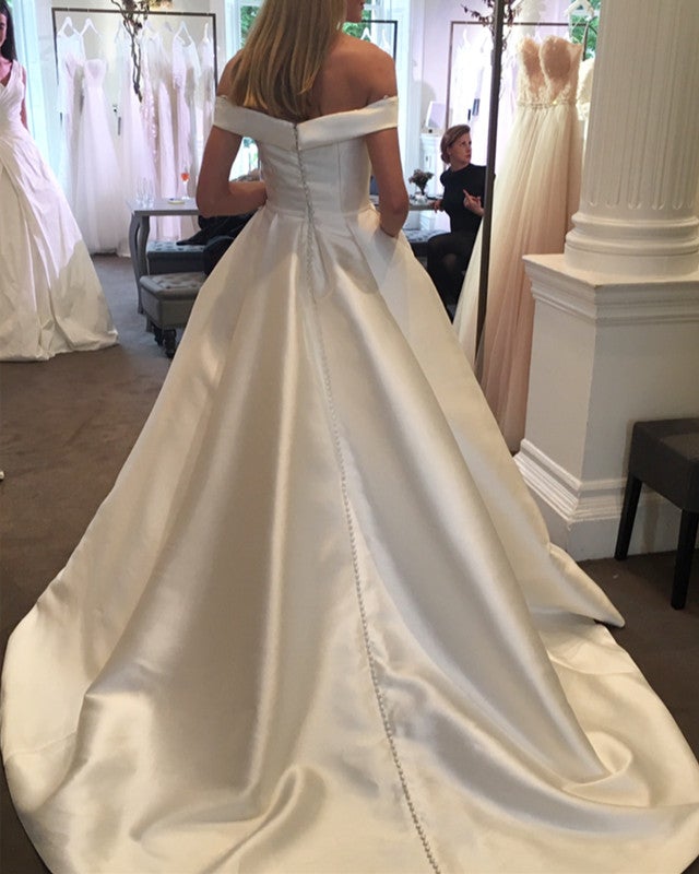 Sexy Off The Shoulder Court Train Satin Wedding Dresses For Bride