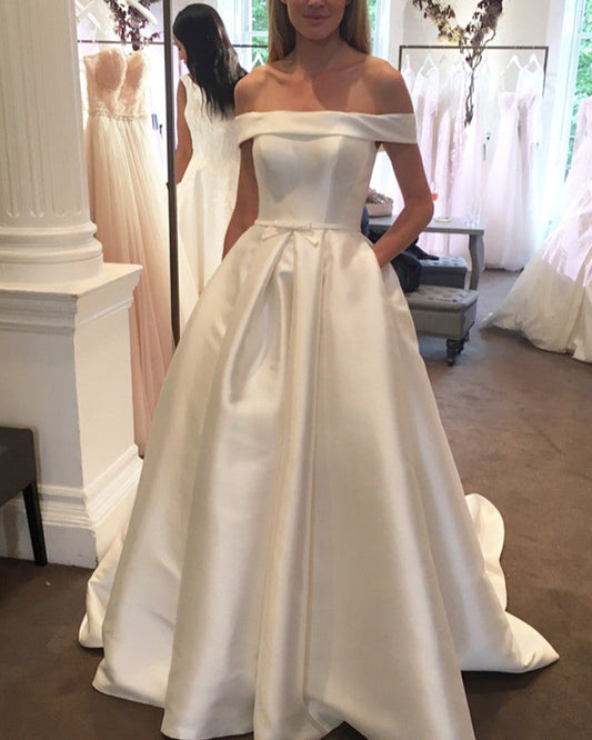 Sexy Off The Shoulder Court Train Satin Wedding Dresses For Bride