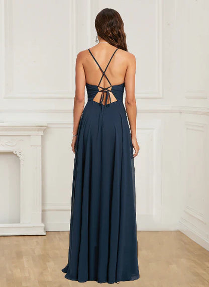 Aimishang A Line Evening Dresses Open Back Halter With Appliques Chiffon
