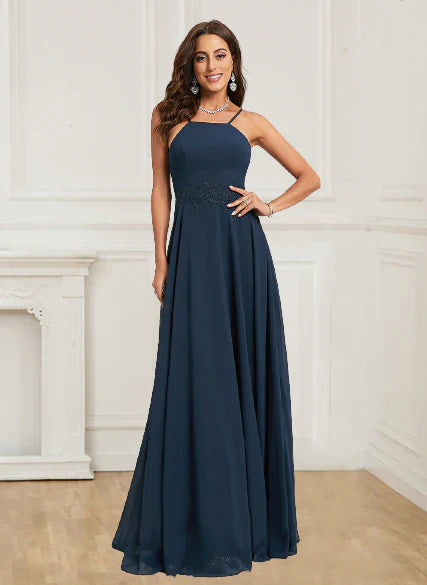 Aimishang A Line Evening Dresses Open Back Halter With Appliques Chiffon