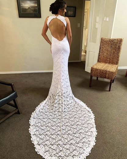 Sexy Open Back Lace Mermaid Wedding Dresses Front Slit