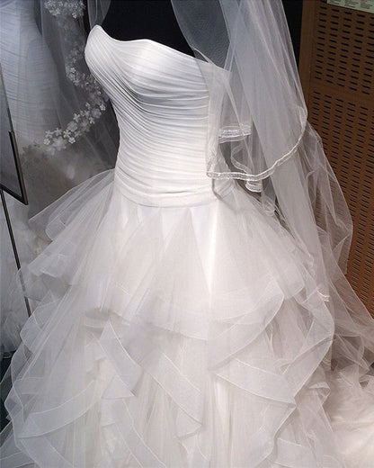 Pleated Strapless Bodice Corset Organza Ruffles Ball Gowns Wedding Dress