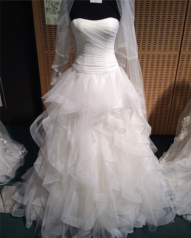 Pleated Strapless Bodice Corset Organza Ruffles Ball Gowns Wedding Dress
