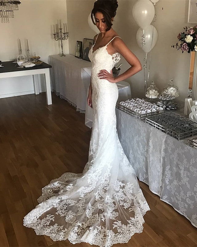 Sexy Spaghetti Straps Sweetheart Lace Mermaid Wedding Dresses
