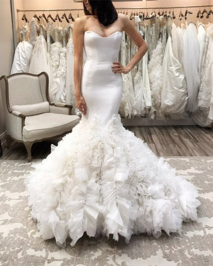 Sexy Sweetheart Bodice Corset Satin Mermaid Wedding Dresses Organza Ruffles