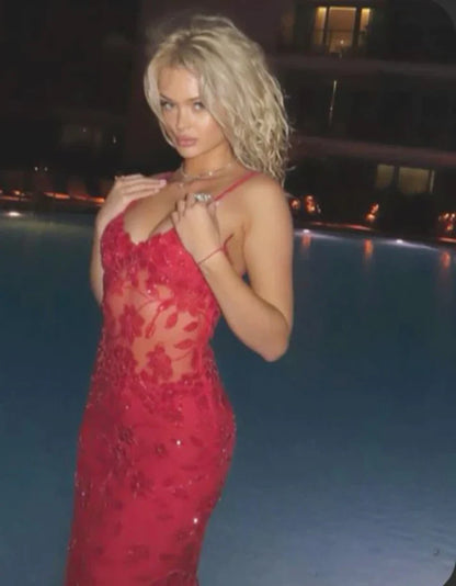 Sexy Red Lace Mermaid Long Prom Dress with Appliques, AST893