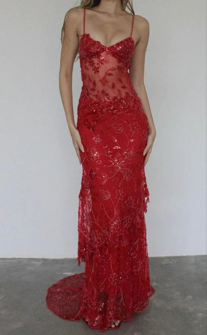 Sexy Red Lace Mermaid Long Prom Dress with Appliques, AST893