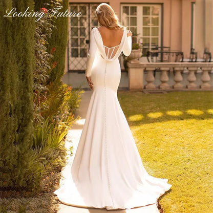 Customized Elegant Mermaid Wedding Dress Satin Cowl Back O-Neck Bridal Gown Long Sleeves Sweep Train