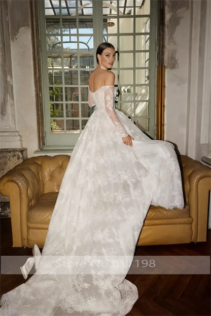 Elegant Off-Shoulder Lace A-line Wedding Dress Backless Gowns