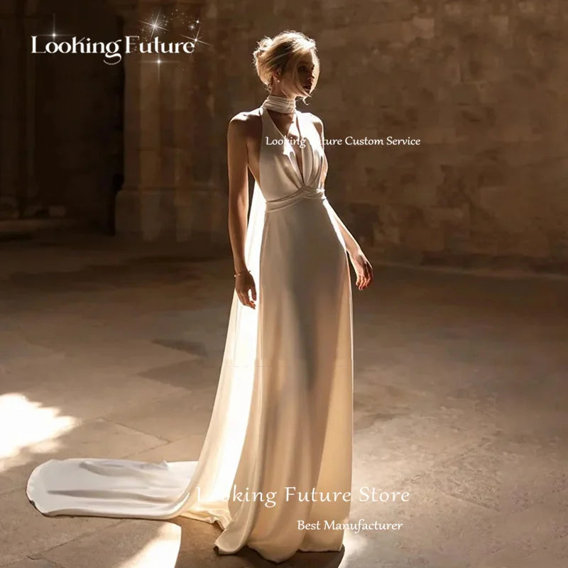 Elegant Mermaid Satin Wedding Dresses For Woman Backless Halter Sleeveless Design