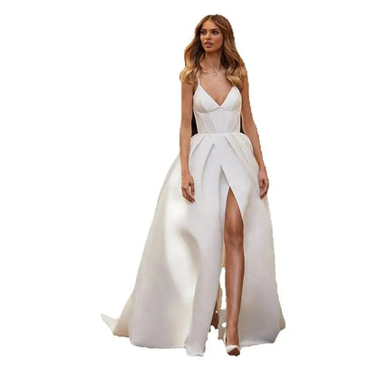 Customized Modern Wedding Dresses V Neck Straps Side Slit Gown