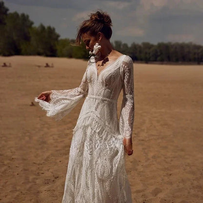 CustomizedBohemia Vintage Wedding Dresses For Women V-Neck Backless Gowns Flare Sleeves Lace Robes