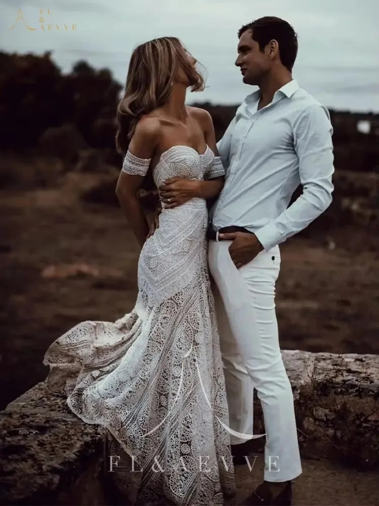 Boho Lace Mermaid Wedding Dresses With Removable Sleeve Gown