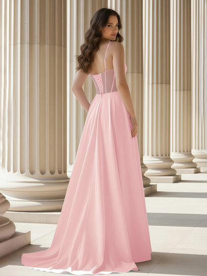 Pleated Sweetheart Neck A-Line Satin Sweep Train Gown Blushing Pink