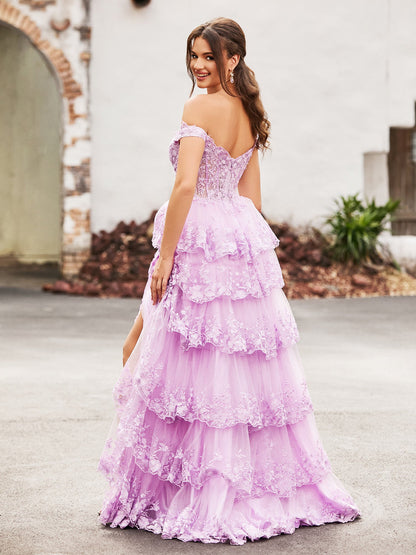 Off The Shoulder Tiered Prom Dress with Slit Lilac