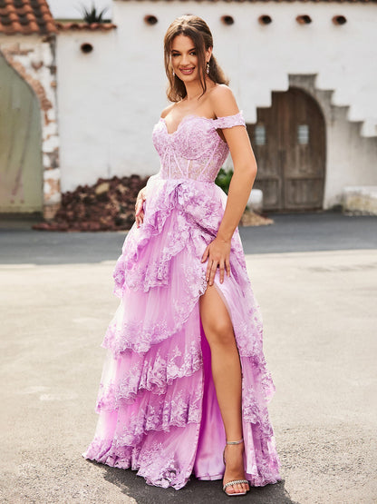 Off The Shoulder Tiered Prom Dress with Slit Lilac