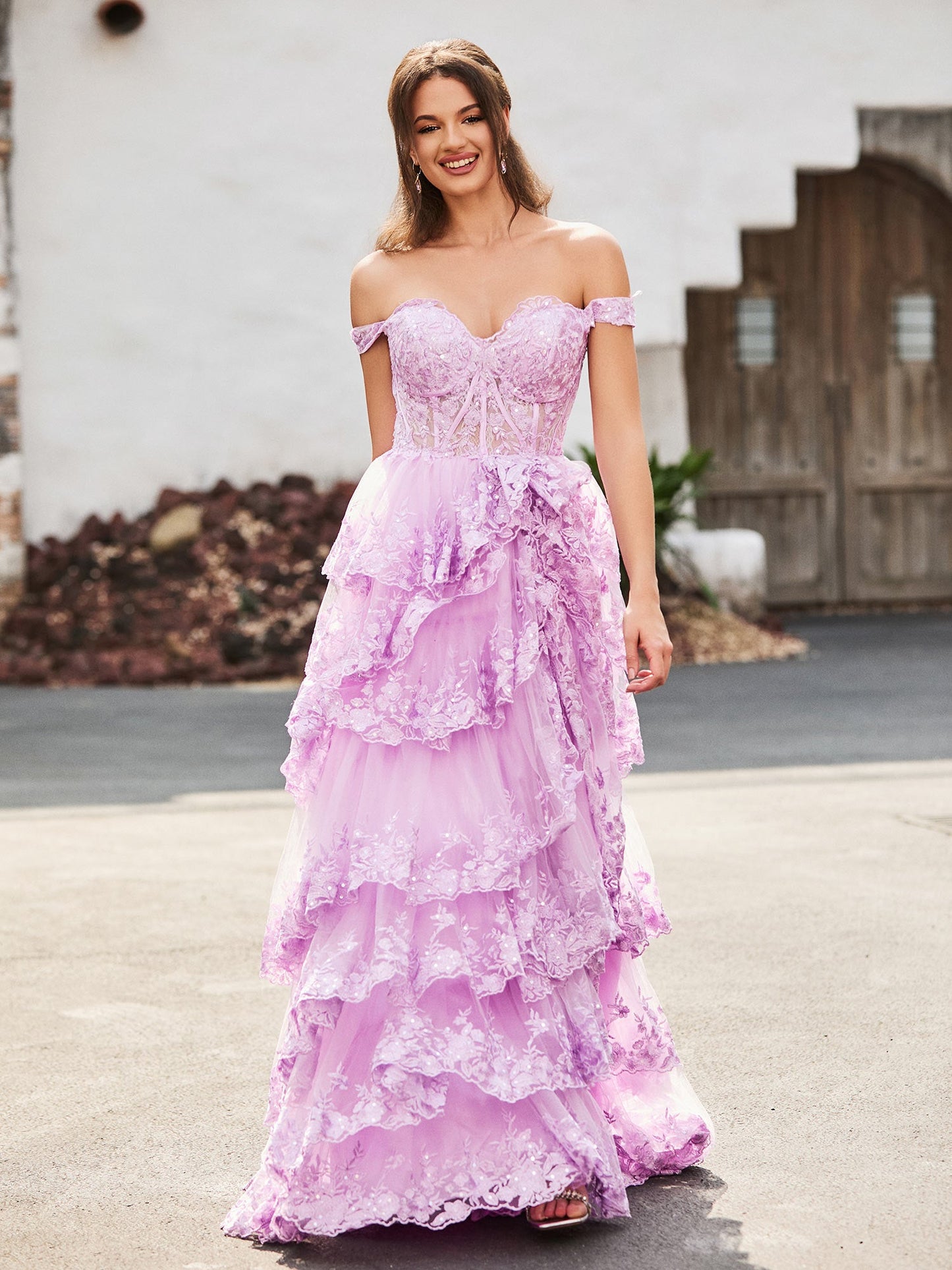 Off The Shoulder Tiered Prom Dress with Slit Lilac