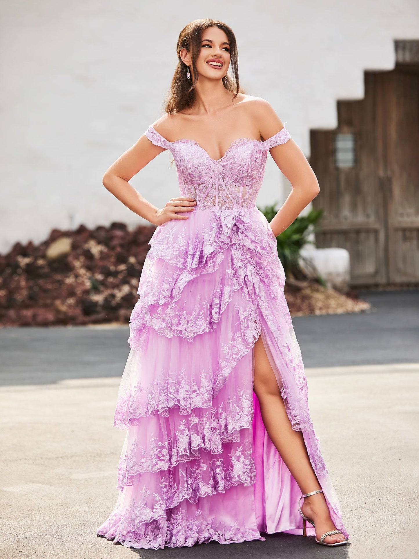 Off The Shoulder Tiered Prom Dress with Slit Lilac