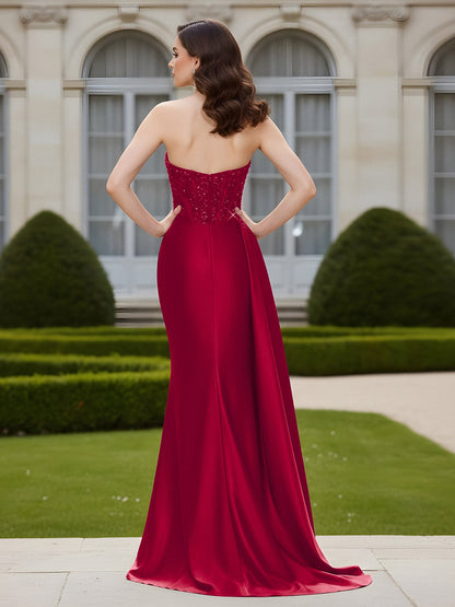 Sheath Sweetheart Backless Dress With Slit Burgundy