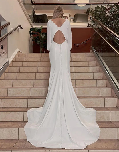 Aimishang Wedding Dress Sheath-Column Sleeves Chapel Train Keyhole Satin
