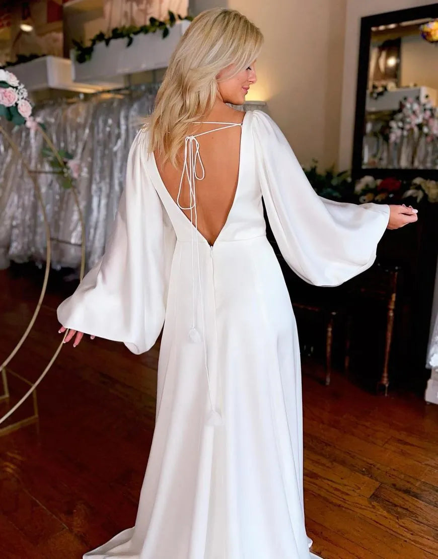 Aimishang Wedding Dress Sheath V-Neck Stretch Satin Boho With Split