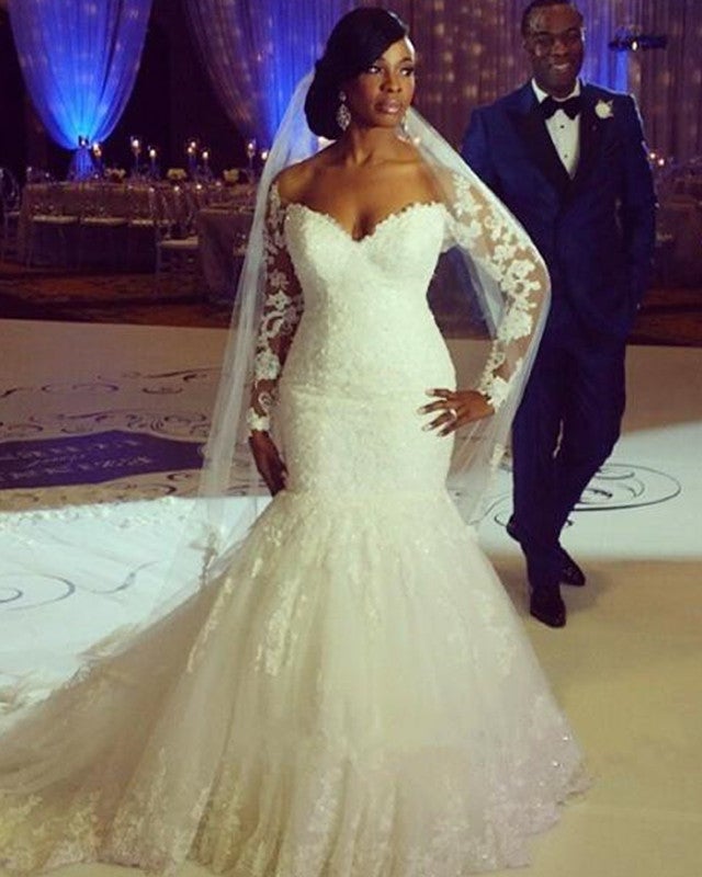 Sheer Lace Long Sleeves Tulle Mermaid Wedding Dresses Off The Shoulder