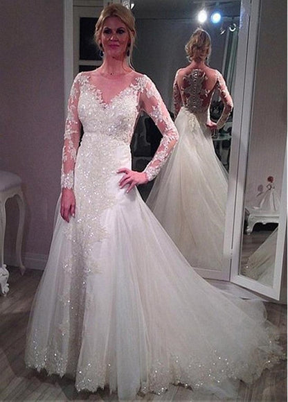 Sheer Long Sleeves Lace Mermaid Wedding Dresses Removable Skirt