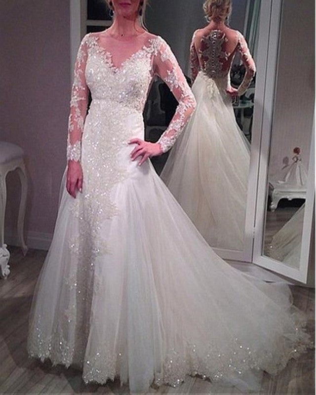 Sheer Long Sleeves Lace Mermaid Wedding Dresses Removable Skirt