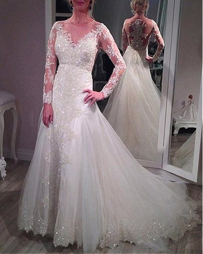 Sheer Long Sleeves Lace Mermaid Wedding Dresses Removable Skirt