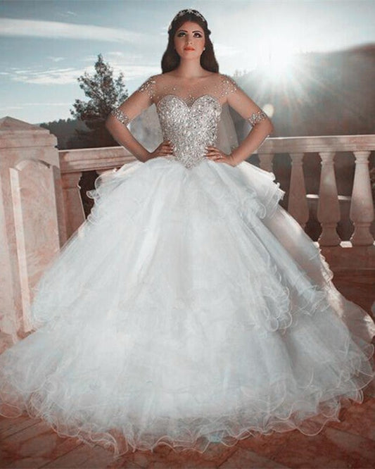 Sheer Long Sleeves Organza Ruffles Wedding Dress Ball Gowns