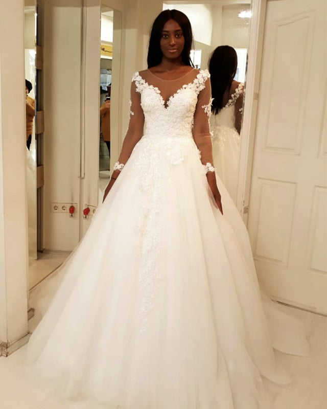 Sheer Long Sleeves Princess Wedding Gowns Lace Appliques