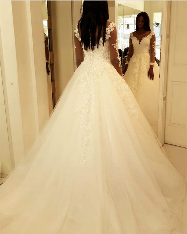 Sheer Long Sleeves Princess Wedding Gowns Lace Appliques