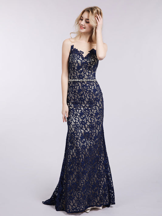 Mermaid Lace Dress with Illusion Neck-Dark Navy