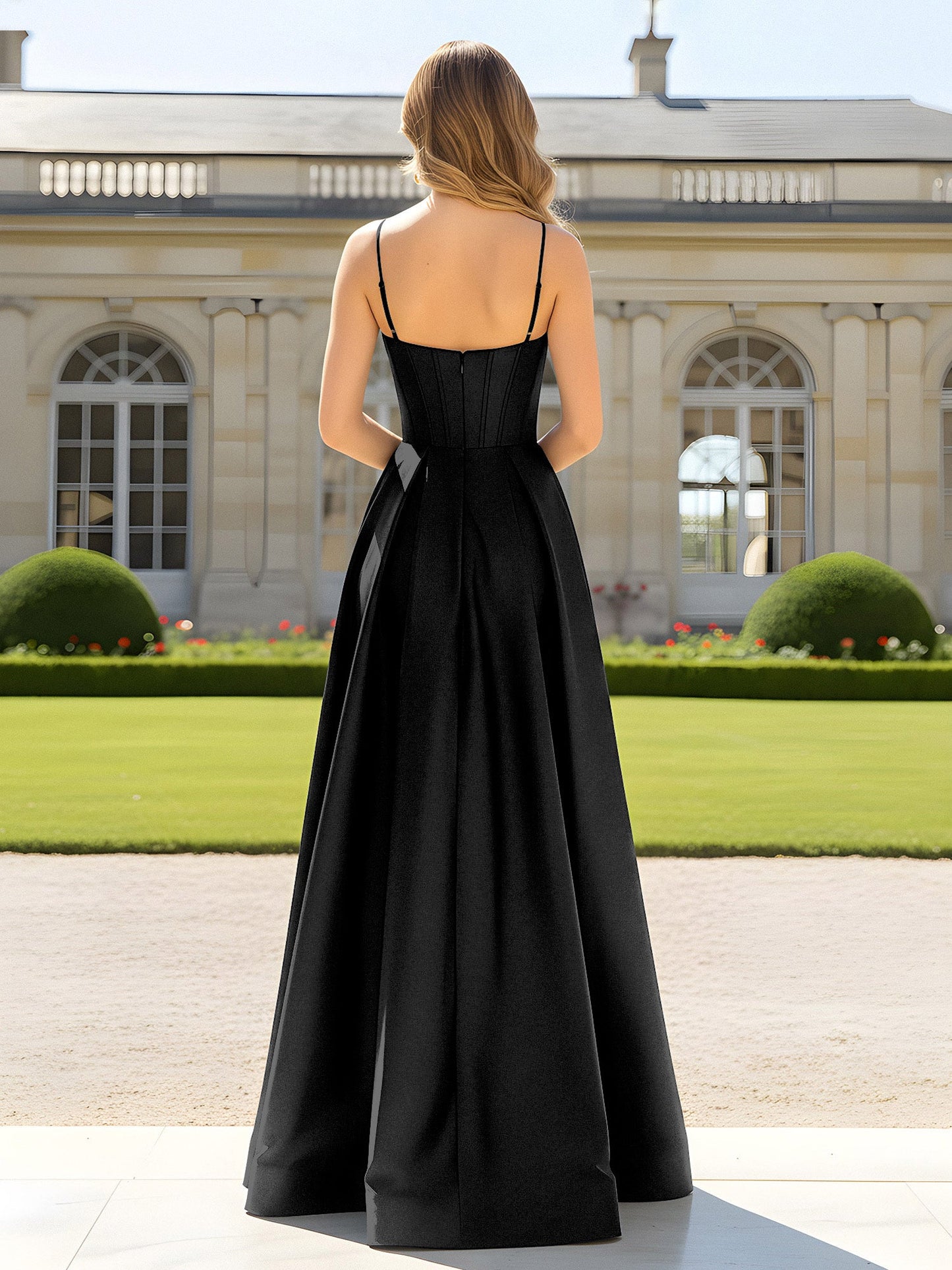 A-Line Spaghetti Straps Cowl Neck Satin Dress Black