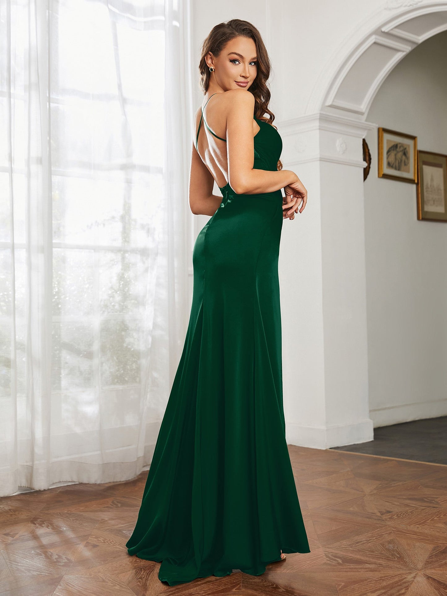 Sheath Satin Cowl Neck Prom Dresses Dark Green