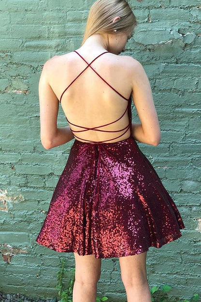 Shiny Sequins Backless Burgundy Short Prom Dress, Backless Burgundy Homecoming Dress, Short Burgundy Formal Evening Dress