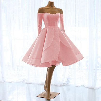 Short Satin Long Sleeves Off Shoulder Ruffles Skirt Wedding Dresses