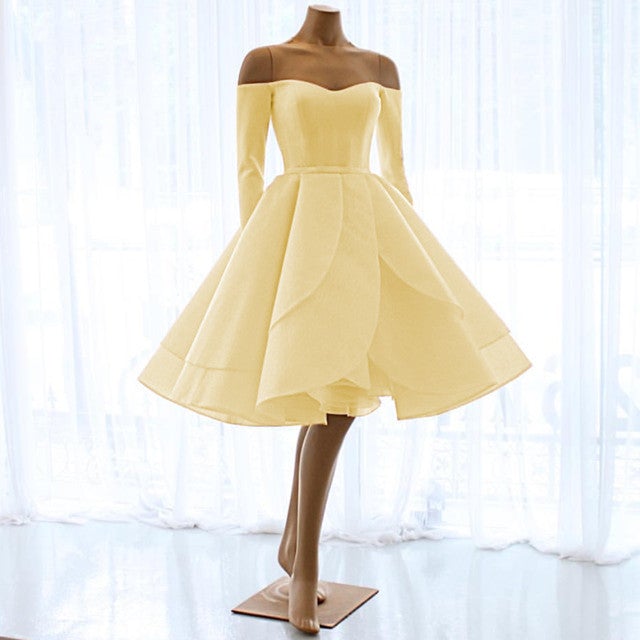 Short Satin Long Sleeves Off Shoulder Ruffles Skirt Wedding Dresses