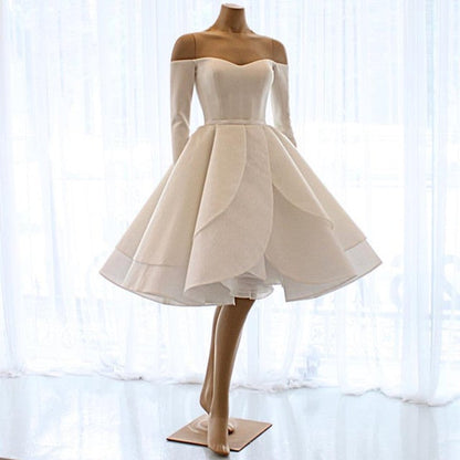 Short Satin Long Sleeves Off Shoulder Ruffles Skirt Wedding Dresses