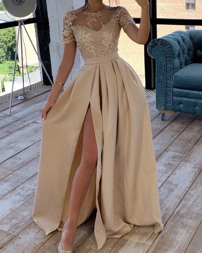 Champagne Bridesmaid Dresses Short Sleeves Split