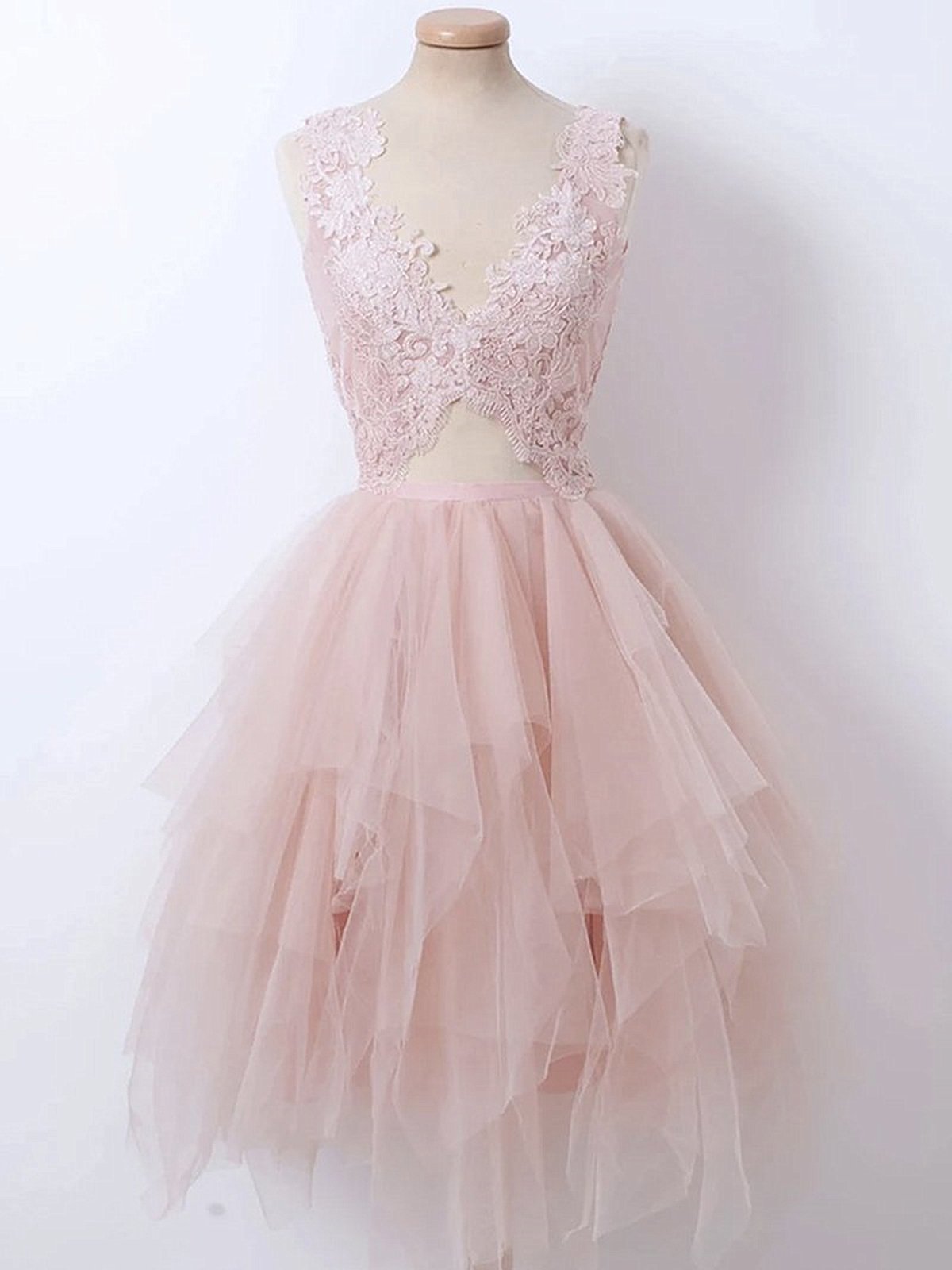 Short V Neck Pink Lace Prom Dresses, Short Pink Lace Formal Homecoming Dresses