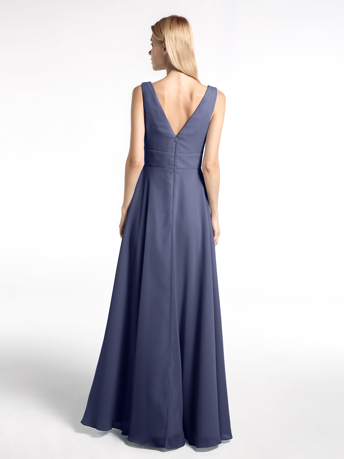 Notch Neck Chiffon Simple Full Length Dress-Stormy