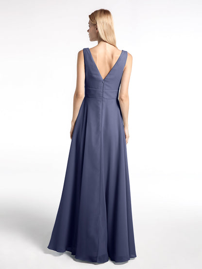 Notch Neck Chiffon Simple Full Length Dress-Stormy