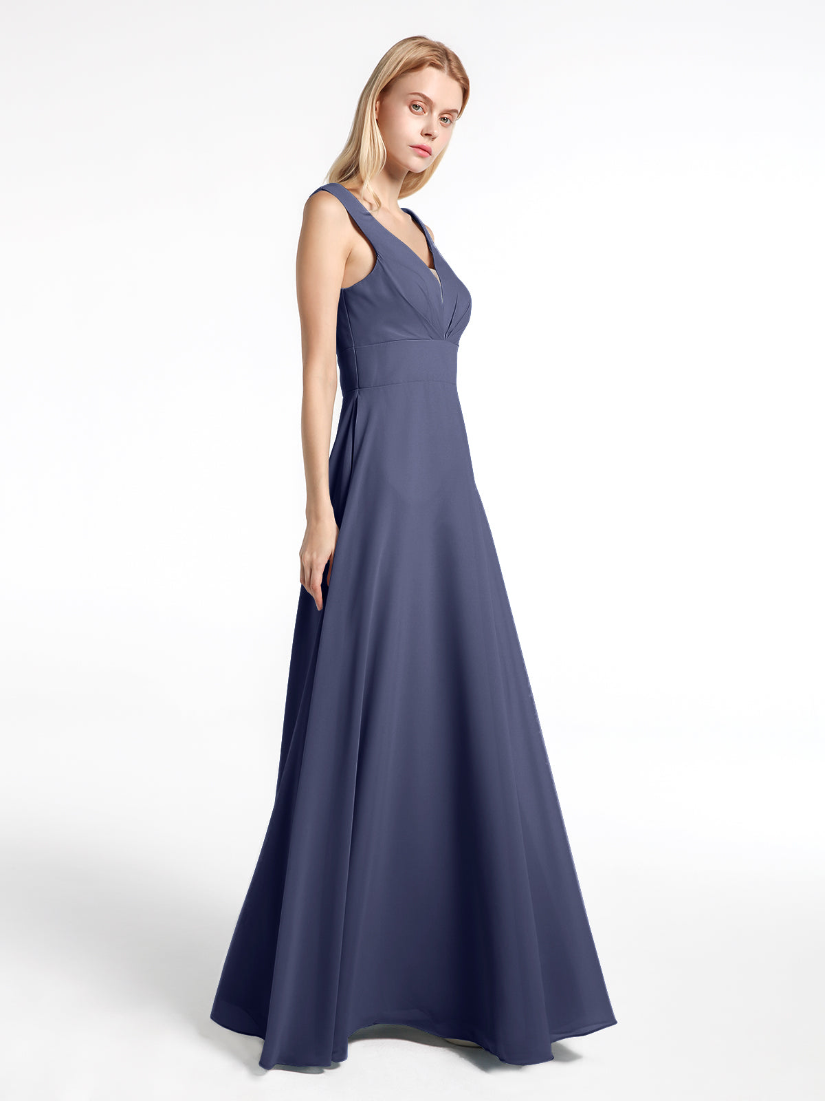 Notch Neck Chiffon Simple Full Length Dress-Stormy