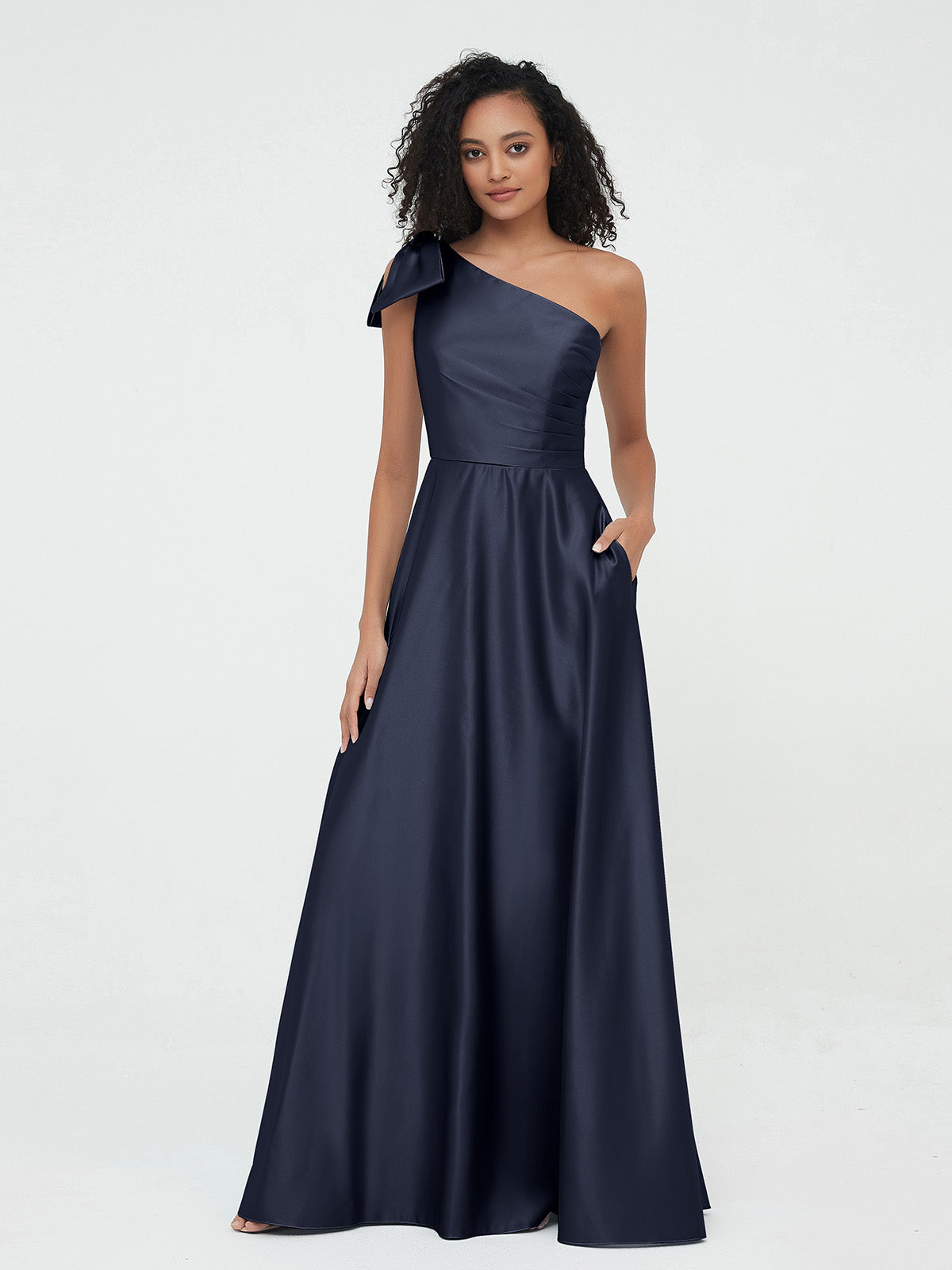 One-Shoulder Long Satin Dresses with Pockets-Dark Navy