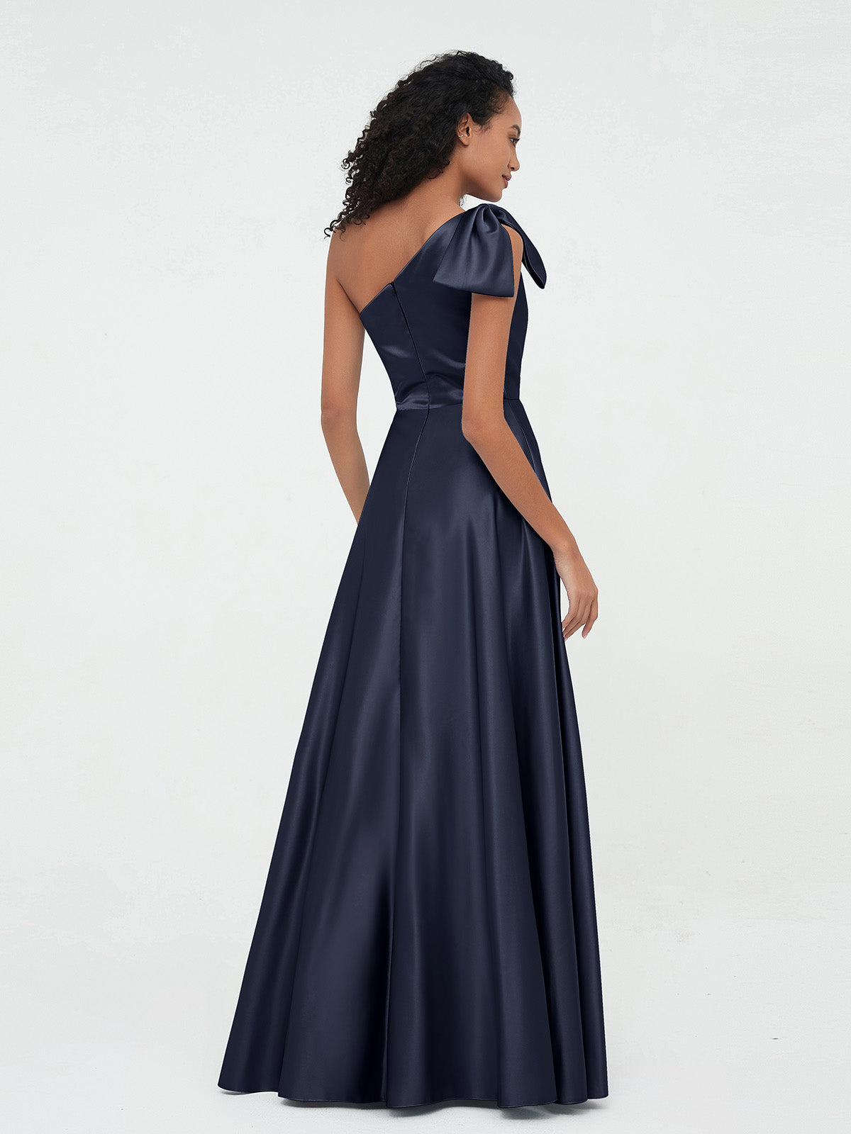 One-Shoulder Long Satin Dresses with Pockets-Dark Navy