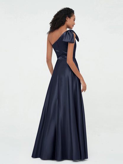 One-Shoulder Long Satin Dresses with Pockets-Dark Navy